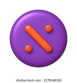 Math 3D icon. Orange percent sign on purple round button. 3d realistic design element. Vector illustration.