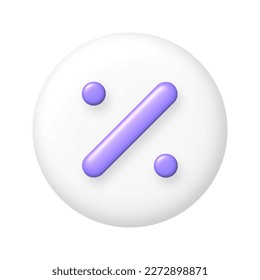 Math 3D icon. Purple percent sign on white round button. 3d realistic design element. Vector illustration.