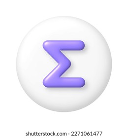 Math 3D icon. Purple sum sign on white round button. 3d realistic design element. Vector illustration.