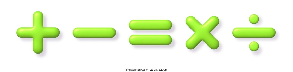 Juego de iconos matemáticos 3D. La aritmética verde más, menos, es igual, multiplica y divide los signos en el fondo blanco con sombra. 3d elemento de diseño vectorial realista.