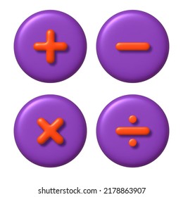 Math 3D icon. Set of orange addition, subtraction, multiplication and division signs on purple round buttons. 3d realistic design element. Vector illustration.