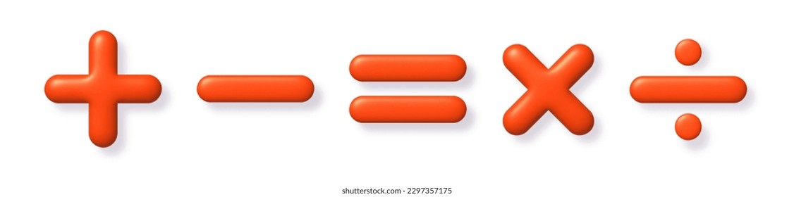 Math 3D icon set. Orange arithmetic plus, minus, equals, multiply and divide signs on white background with shadow. 3d realistic vector design element.