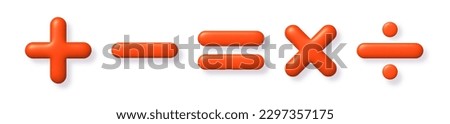 Math 3D icon set. Orange arithmetic plus, minus, equals, multiply and divide signs on white background with shadow. 3d realistic vector design element. Stock foto © 