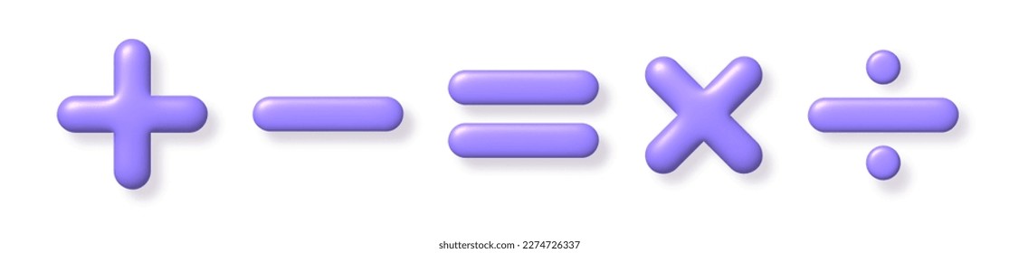 Math 3D icon set. Purple arithmetic plus, minus, equals, multiply and divide signs on white background with shadow. 3d realistic vector design element.