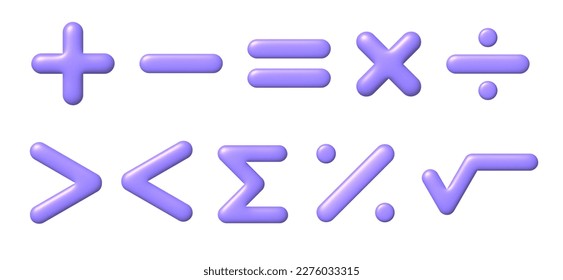Juego de iconos matemáticos 3D. Signos aritméticos púrpuras sobre un fondo blanco. 3d elemento de diseño vectorial realista.