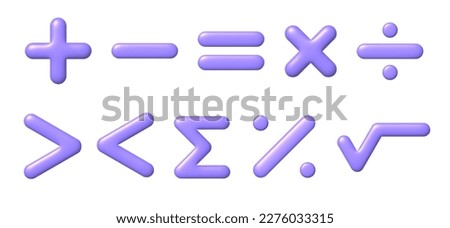 Math 3D icon set. Purple arithmetic signs on a white background. 3d realistic vector design element.