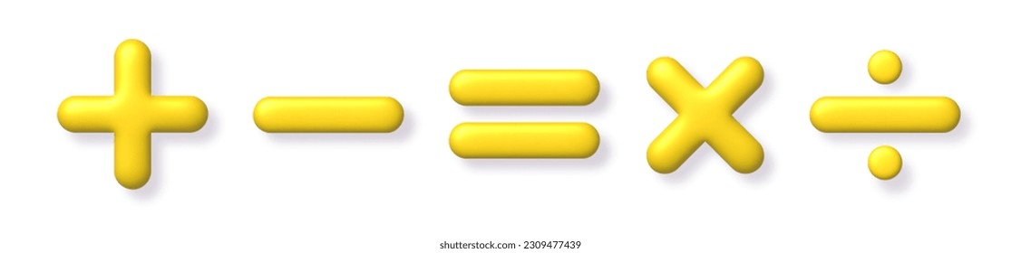 Math 3D icon set. Yellow arithmetic plus, minus, equals, multiply and divide signs on white background with shadow. 3d realistic vector design element.