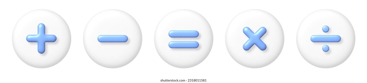 Math 3D icons set. Blue arithmetic plus, minus, equals, multiply and divide signs on white buttons. 3d realistic vector design element.