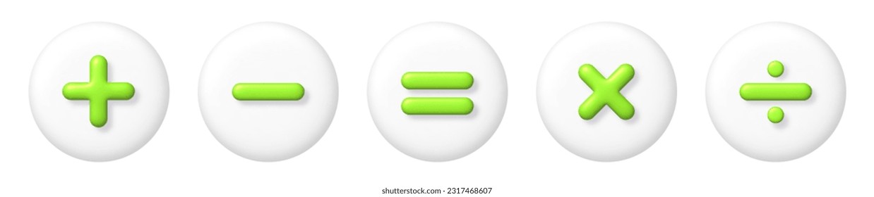 Juego de iconos matemáticos 3D. La aritmética verde más, menos, es igual, multiplica y divide los signos en botones blancos. 3d elemento de diseño vectorial realista.