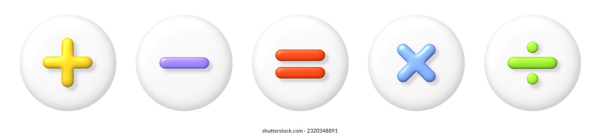 Mache 3D-Symbole gesetzt. Mehrfarbige Arithmetik plus, minus, Gleichungen, Multiplizieren und Unterteilen von Zeichen auf weißen Schaltflächen. 3d realistisches Vektordesign-Element.