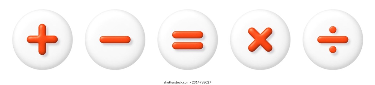 Mache 3D-Symbole gesetzt. Orangefarbene Arithmetik plus, minus, gleicht, multipliziert und teilt Zeichen auf weißen Schaltflächen. 3d realistisches Vektordesign-Element.