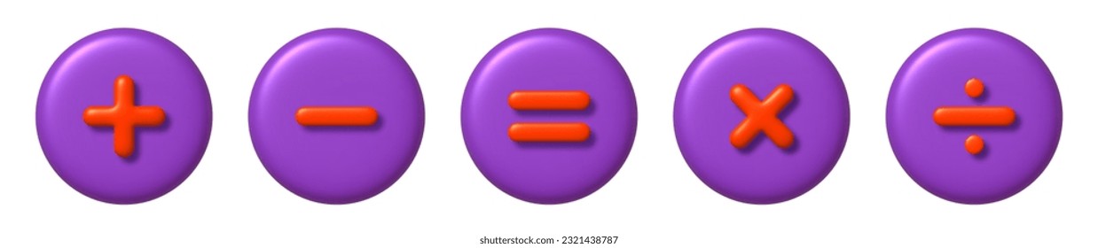 Juego de iconos matemáticos 3D. Aritmética naranja más, menos, es igual, multiplica y divide los signos en botones púrpura. 3d elemento de diseño vectorial realista.