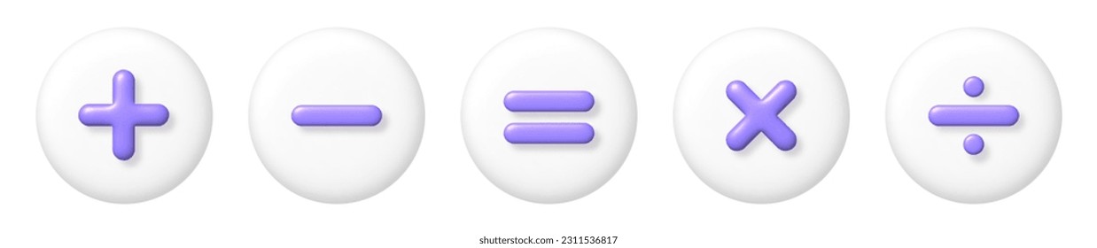 Math 3D icons set. Purple arithmetic plus, minus, equals, multiply and divide signs on white buttons. 3d realistic vector design element.