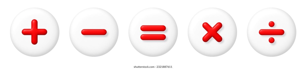 Math 3D icons set. Red arithmetic plus, minus, equals, multiply and divide signs on white buttons. 3d realistic vector design element.