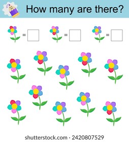 Actividad matemática para niños. Desarrollar habilidades de aritmética. Flores de dibujos animados. 