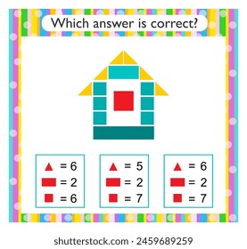 Actividad matemática para niños. Encuentra la respuesta correcta. Casa de caricaturas. Ilustración vectorial.