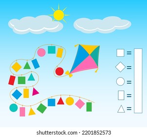 Actividad matemática para niños. ¿Cuántas formas geométricas? Desarrollar habilidades de aritmética. Ilustración vectorial.