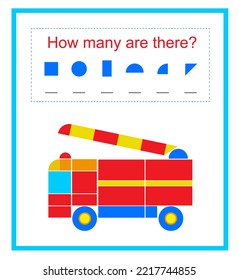 Math activity for children. How many geometric shapes? Developing numeracy skills. Vector illustration.