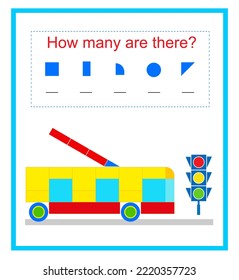 Math activity for children. How many geometric shapes? Developing numeracy skills. Vector illustration.