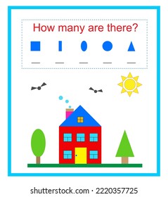 Math activity for children. How many geometric shapes? Developing numeracy skills. Vector illustration.