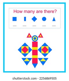 Math activity for children. How many geometric shapes? Developing numeracy skills. Vector illustration.