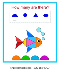 Math activity for children. How many geometric shapes? Developing numeracy skills. Vector illustration.