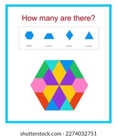 Math activity for children. How many geometric shapes? Developing numeracy skills. Vector illustration.