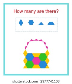 Math activity for children. How many geometric shapes? Developing numeracy skills. Vector illustration.