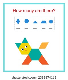 Actividad matemática para niños. ¿Cuántas formas geométricas? Desarrollar habilidades de aritmética. Ilustración vectorial.