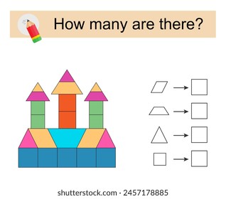 Math activity for children. How many geometric shapes? Cartoon castle. 