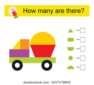 Math activity for children. How many geometric shapes? Cartoon truck. Vector illustration