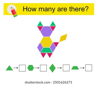 Math activity for children. How many geometric shapes? Cartoon animal. 