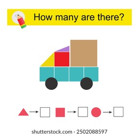 Actividad matemática para niños. ¿Cuántas Formas geométricas? Camión de dibujos animados.