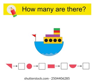 Math activity for children. How many geometric shapes? Cartoon ship. 