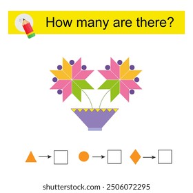 Mathematische Aktivität für Kinder. Wie viele geometrische Formen? Cartoon rosa Blume. 