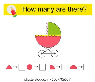 Math activity for children. How many geometric shapes? Cartoon baby carriage.