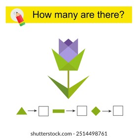 Actividad matemática para niños. ¿Cuántas Formas geométricas? Flor violeta de dibujos animados. 