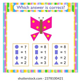 Math activity for children. Need to find the correct answer. Cartoon butterfly. Preschool worksheet activity. 