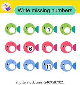 Math activity for children. Activity page for preschoolers. Cartoon fish. 