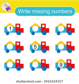 Math activity for children. Activity page for preschoolers. Cartoon truck. 