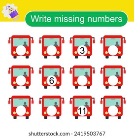 Math activity for children. Activity page for preschoolers. Cartoon bus. 