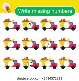 Math activity for children. Activity page for preschoolers. Cartoon dump truck. 