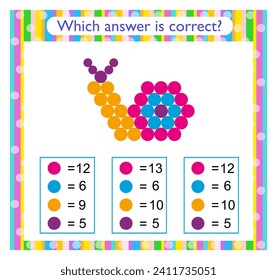 Math activity for children. Preschool worksheet activity. Find the correct answer. Cartoon snail. 