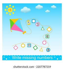 Math activity for children. Write missing numbers. Developing numeracy skills. Vector illustration.