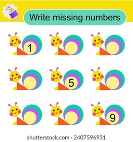 Math activity for children. Write missing numbers. Activity page for preschoolers.