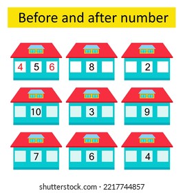 Math activity for kids. Before and after number. Developing numeracy skills. Number range up to 10. Vector illustration.