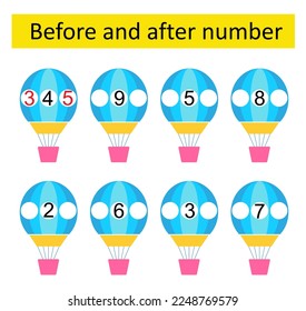 Math activity for kids. Before and after number. Developing numeracy skills. Number range up to 10. Vector illustration.