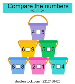 Math activity for kids. Compare the numbers. Number range up to 10. Vector illustration.