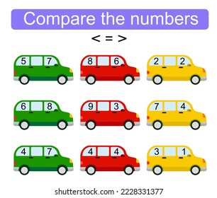 Math activity for kids. Compare the numbers. Number range up to 10. Vector illustration