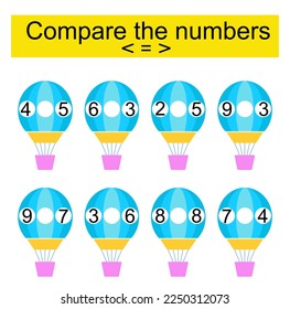 Math activity for kids. Compare the numbers. Number range up to 10. Vector illustration.